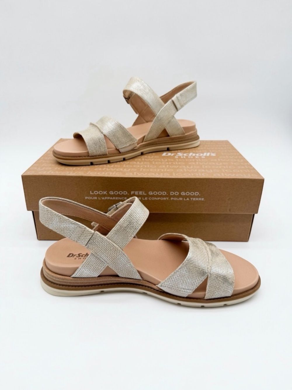 Dr Scholl's Timeless Fun Strappy Comfort Sandals Hook Loop Metallic Gold 6.5 NEW